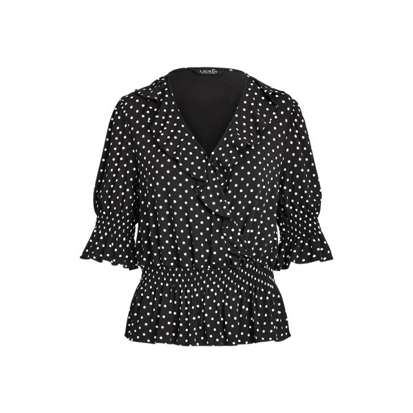 Polo Black/White Polka-Dot Jersey Peplum Top Lauren 2