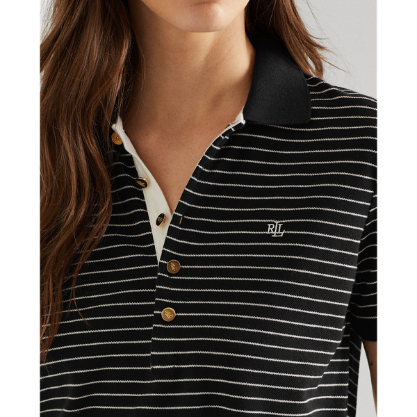 Polo Black/White Striped Pique Polo Shirt Lauren 6
