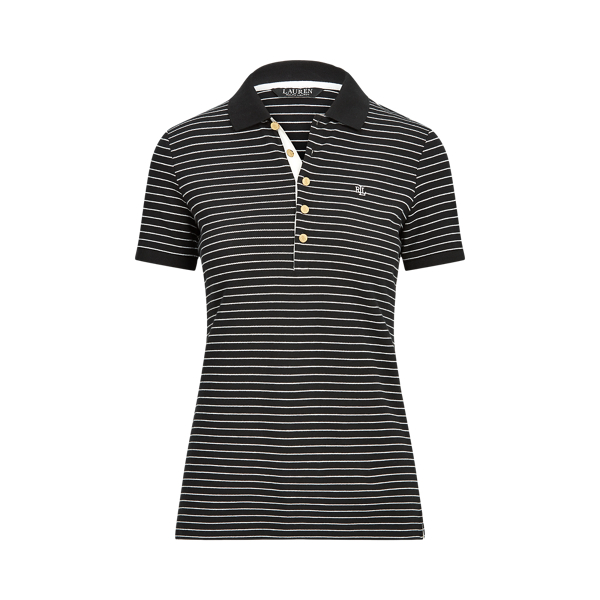 Polo Black/White Striped Pique Polo Shirt Lauren 2