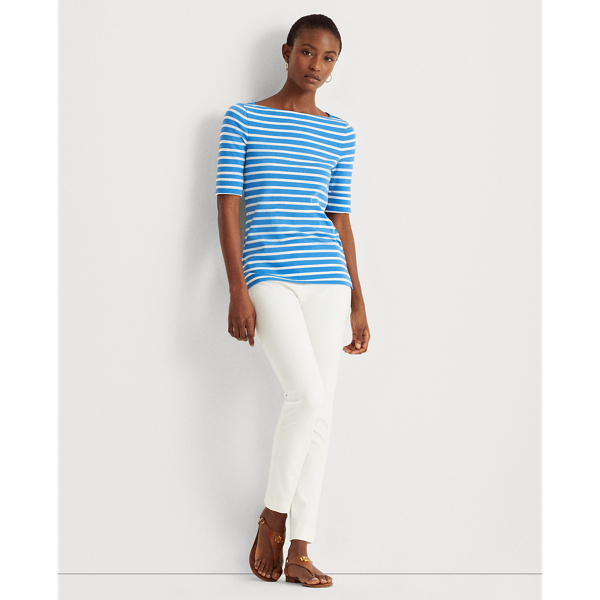 Captain Blue/White Striped Cotton-Blend Boatneck Top Lauren 4