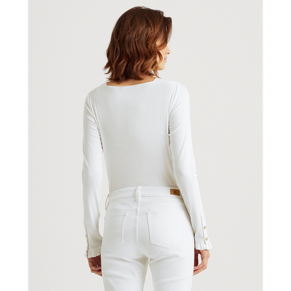 White Ruffle-Trim Stretch Cotton Top Lauren 5
