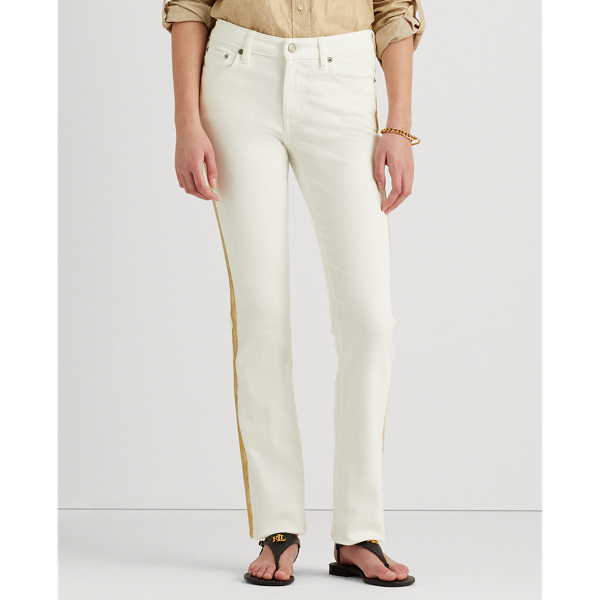 White Wsh Gold-Trim Straight Mid-Rise Jeans Lauren 4