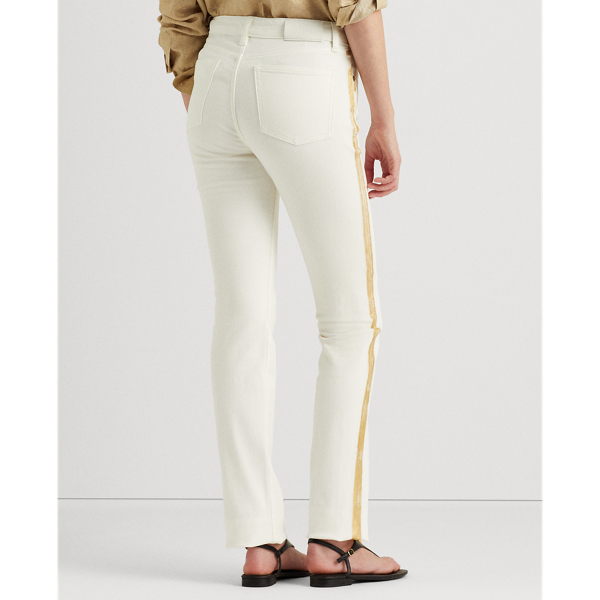 White Wsh Gold-Trim Straight Mid-Rise Jeans Lauren 6