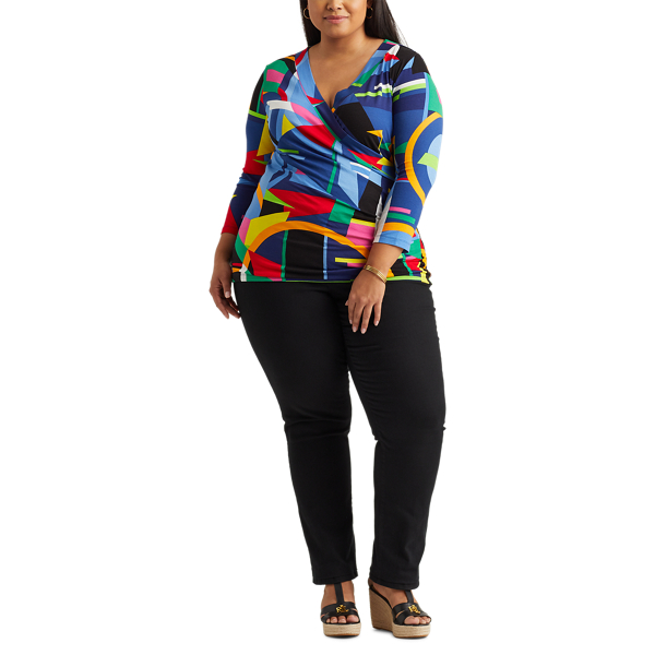Blue Multi Print Wrap-Style Jersey Top Lauren Woman 2