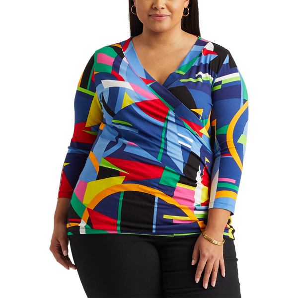 Blue Multi Print Wrap-Style Jersey Top Lauren Woman 3