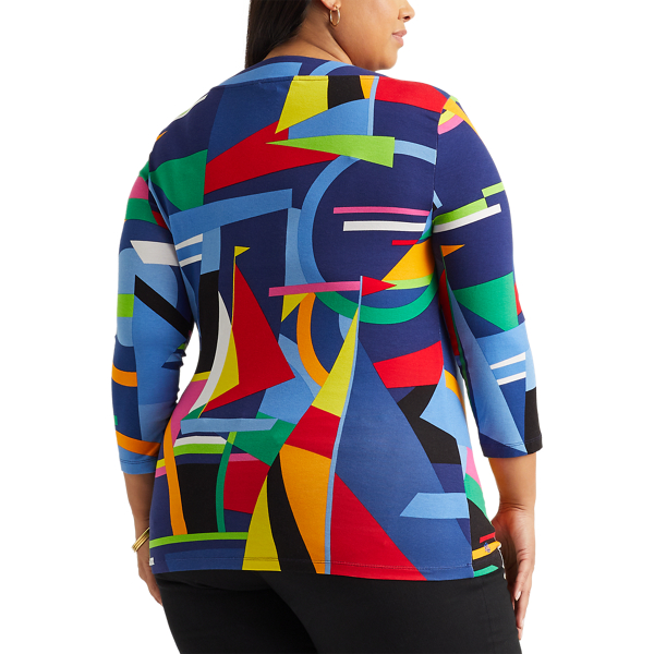 Blue Multi Print Wrap-Style Jersey Top Lauren Woman 4