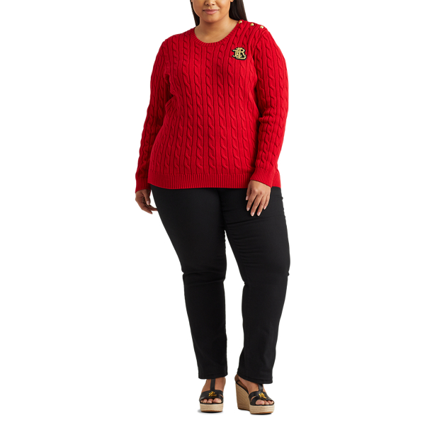 Lipstick Red Button-Trim Cable-Knit Jumper Lauren Woman 2