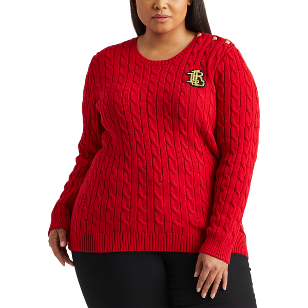 Lipstick Red Button-Trim Cable-Knit Jumper Lauren Woman 3