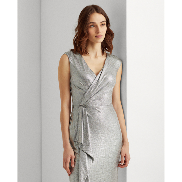 Dark Grey/Silver Ruffle-Trim Metallic Gown Lauren 3