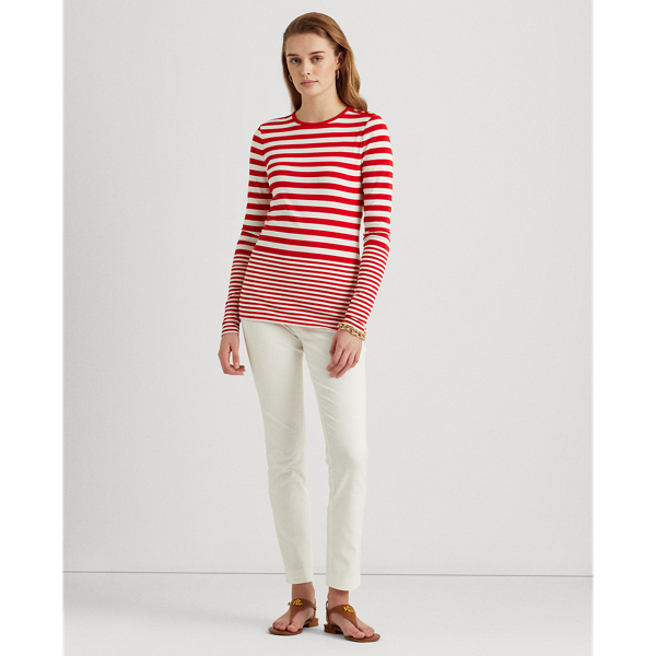 White/Lipstick Red Striped Snap-Trim Long-Sleeve Top Lauren 4