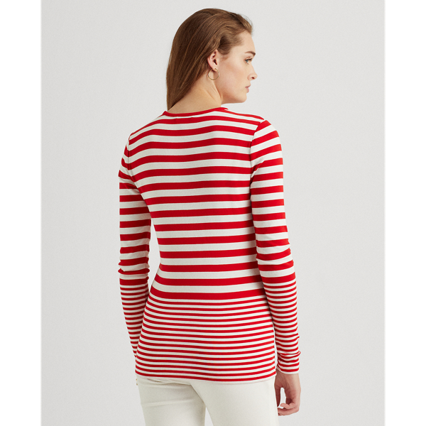 White/Lipstick Red Striped Snap-Trim Long-Sleeve Top Lauren 5