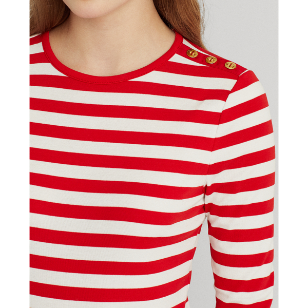 White/Lipstick Red Striped Snap-Trim Long-Sleeve Top Lauren 6