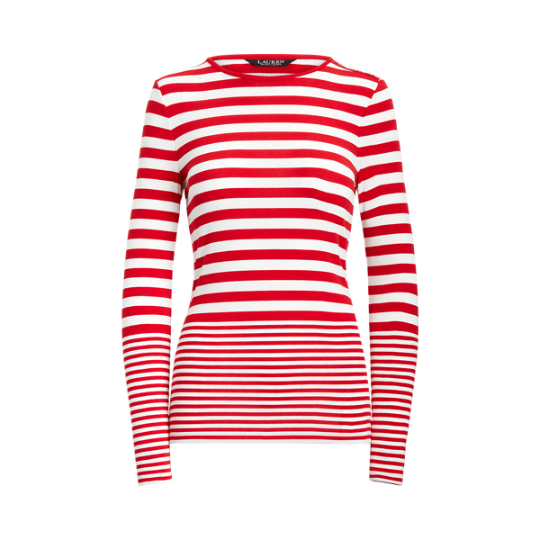 White/Lipstick Red Striped Snap-Trim Long-Sleeve Top Lauren 2