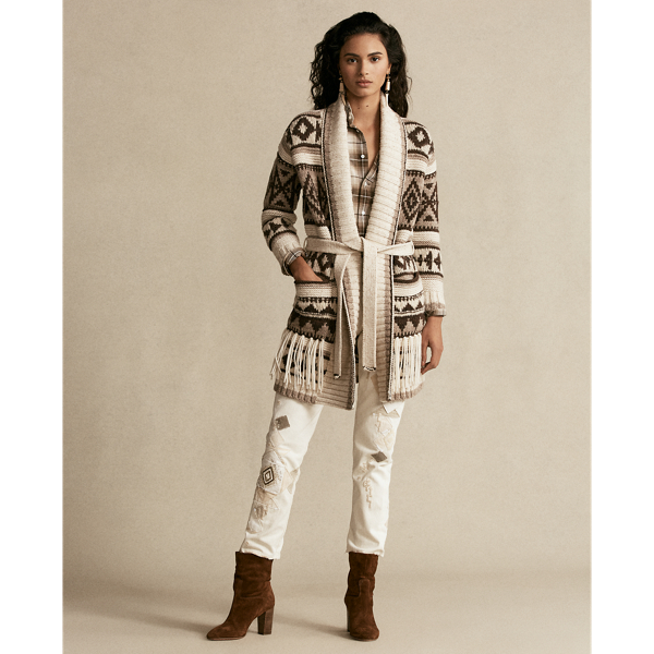 Oatmeal Multi Fringe-Trim Shawl Cardigan Polo Ralph Lauren 4