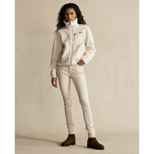 Clubhouse Cream Leather-Trim Fleece Zip Jacket Polo Ralph Lauren 4