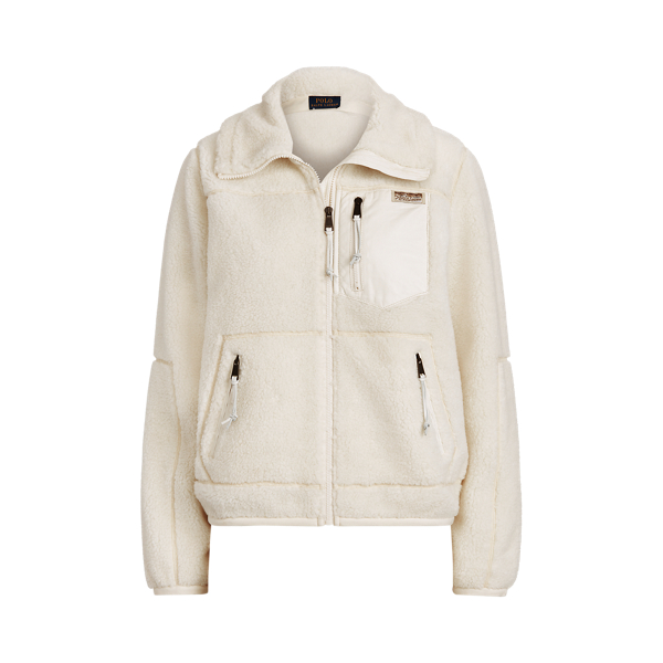 Clubhouse Cream Leather-Trim Fleece Zip Jacket Polo Ralph Lauren 2