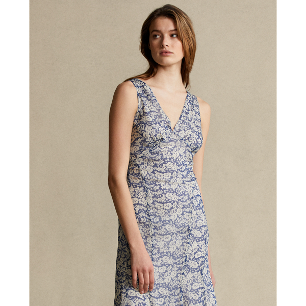 Blue/Cream Floral Floral-Print V-Neck Dress Polo Ralph Lauren 4
