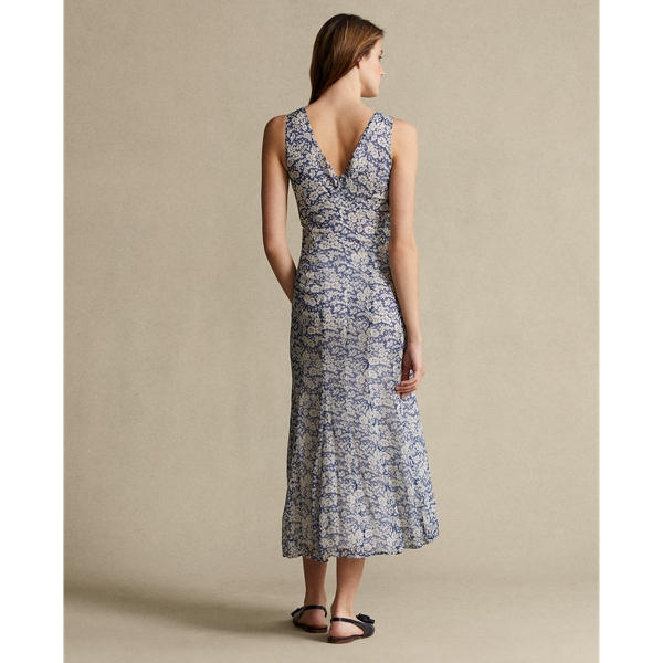 Blue/Cream Floral Floral-Print V-Neck Dress Polo Ralph Lauren 5