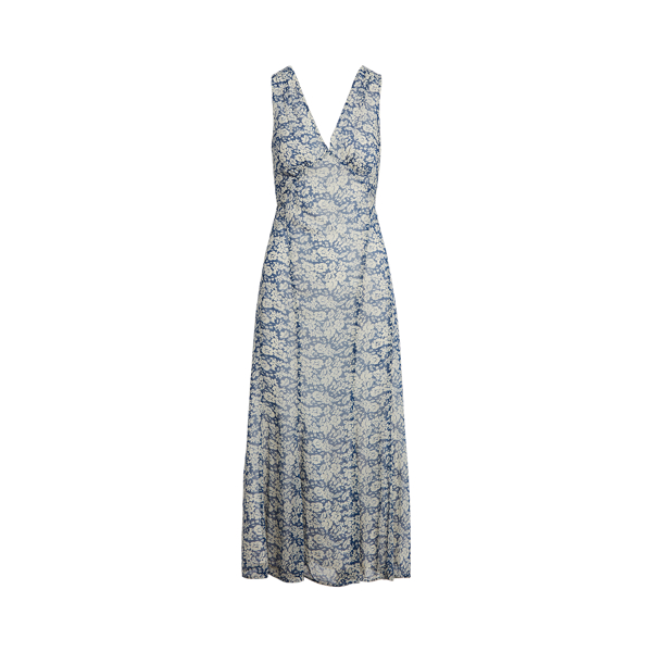 Blue/Cream Floral Floral-Print V-Neck Dress Polo Ralph Lauren 2