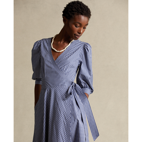 Blue/White Plaid Gingham Cotton Wrap Dress Polo Ralph Lauren 4
