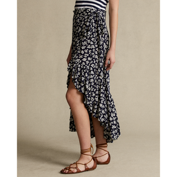 Navy/Cream Floral Floral Crepe Wrap Skirt Polo Ralph Lauren 4