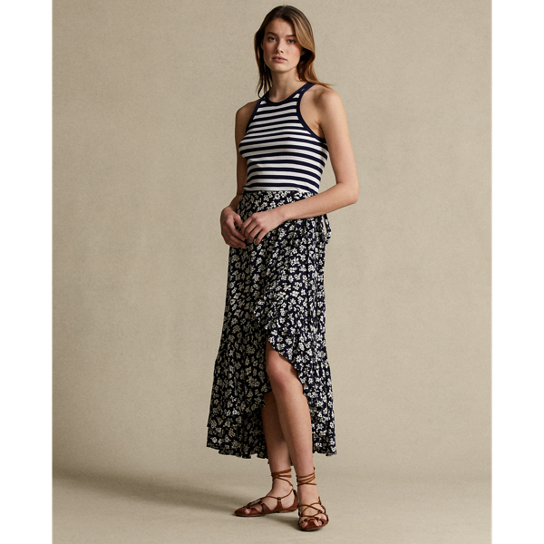 Navy/Cream Floral Floral Crepe Wrap Skirt Polo Ralph Lauren 6