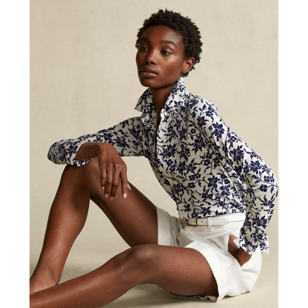 Chemise fleurie &agrave; boutons en coton