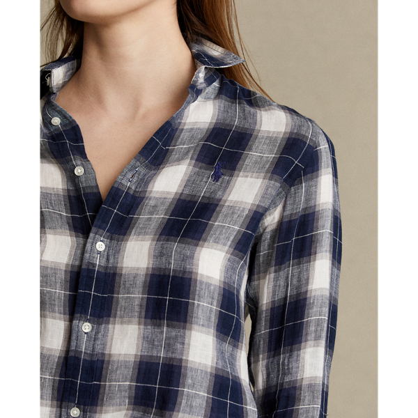 Navy/White Classic Fit Plaid Linen Shirt Polo Ralph Lauren 6