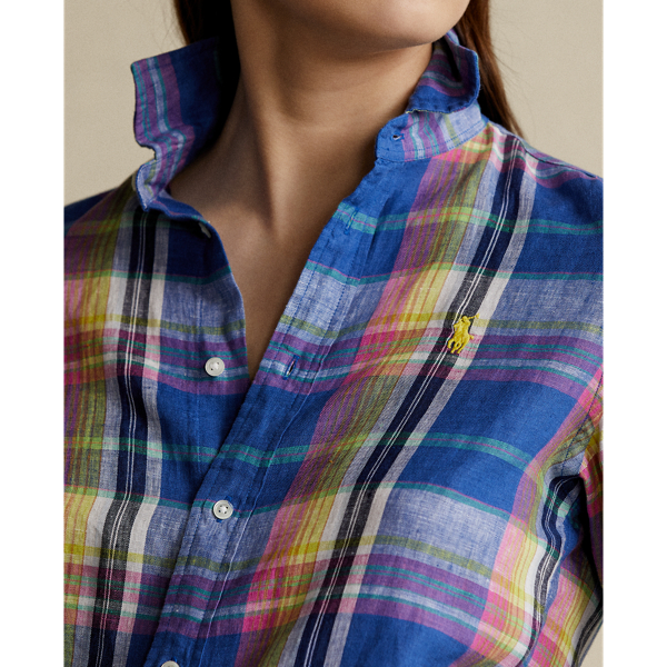 Blue/Pink Classic Fit Plaid Linen Shirt Polo Ralph Lauren 6