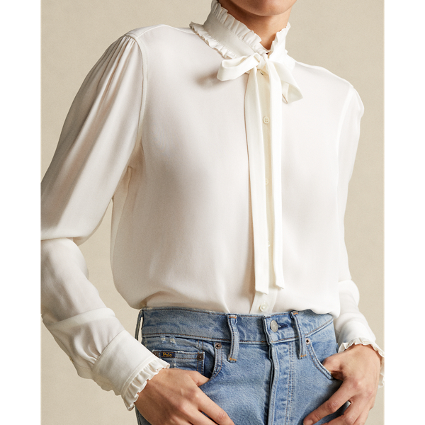 Trophy Cream Ruffle-Trim Silk Shirt Polo Ralph Lauren 6