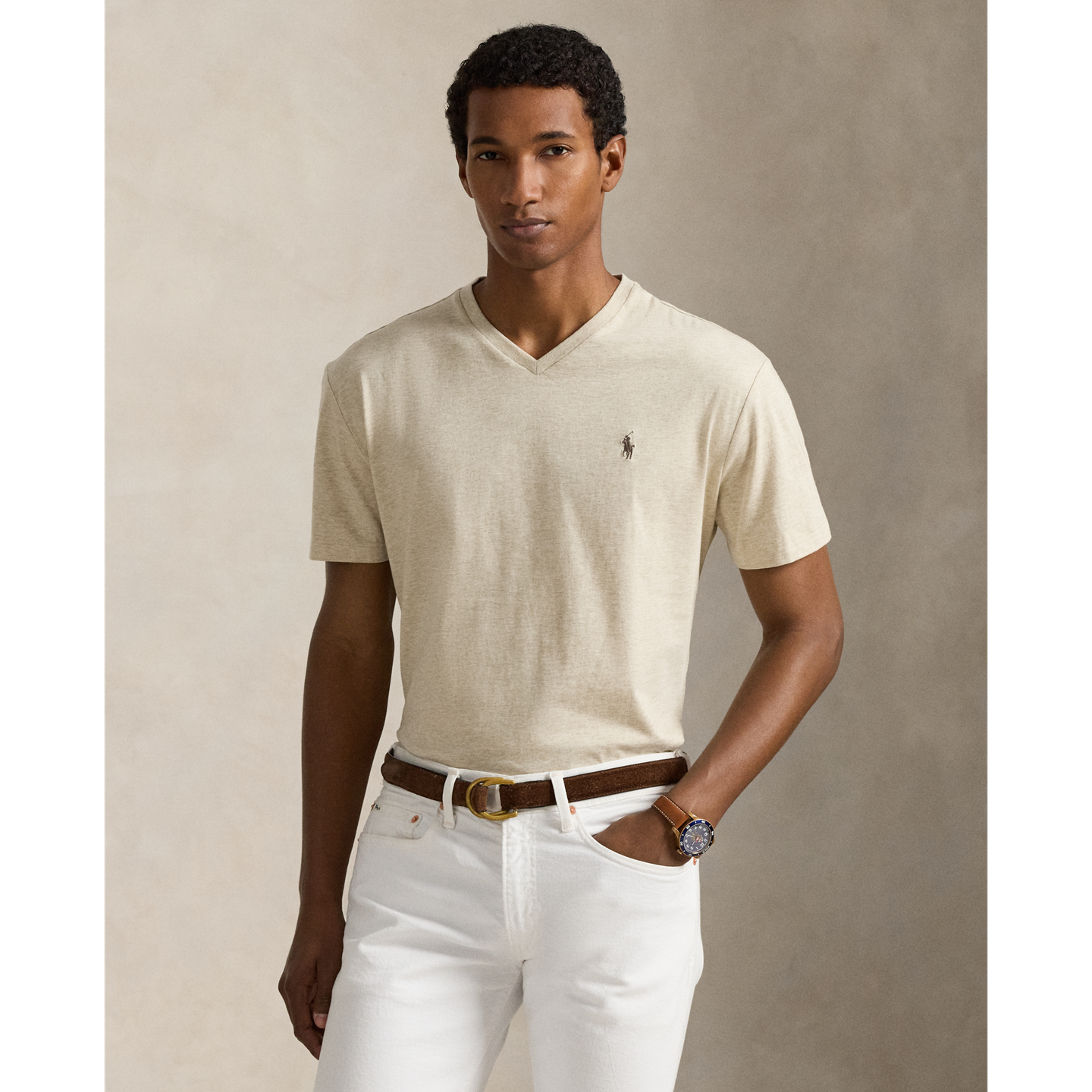 Мужская футболка Ralph Lauren Classic Fit Jersey V-Neck, цвет: Дюнный меланжевый / Коричневый — фото 5