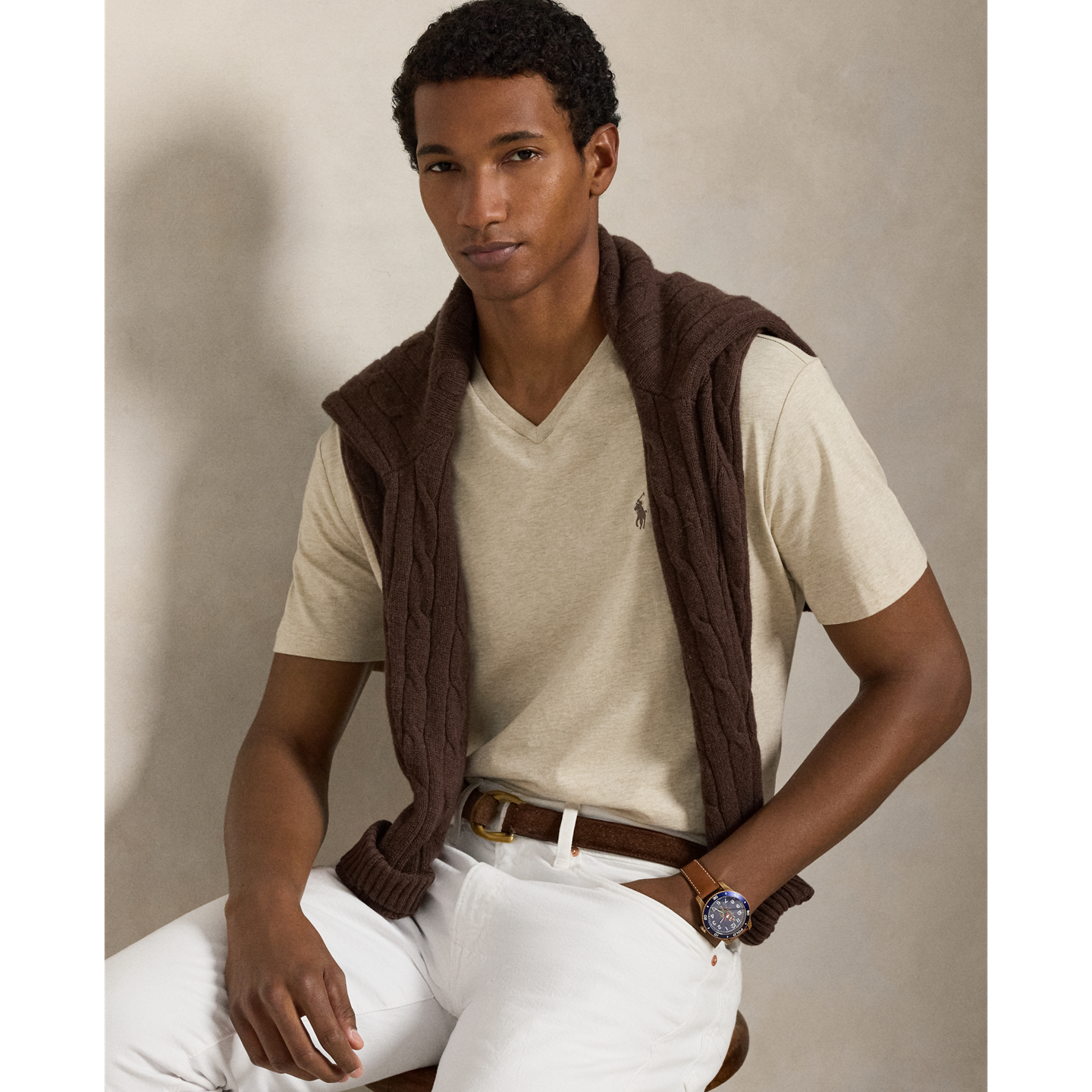 Мужская футболка Ralph Lauren Classic Fit Jersey V-Neck, цвет: Дюнный меланжевый / Коричневый — фото 4