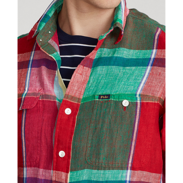 Red/Green Multi Classic Fit Plaid Linen Workshirt Polo Ralph Lauren 6