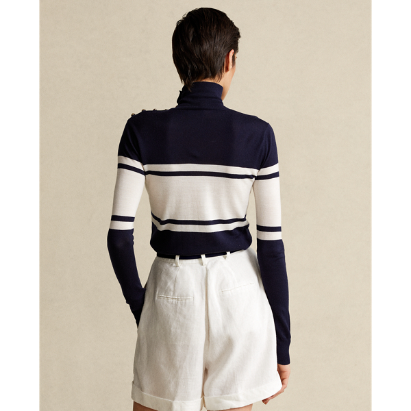 Navy/Cream Buttoned-Placket Wool Turtleneck Polo Ralph Lauren 6