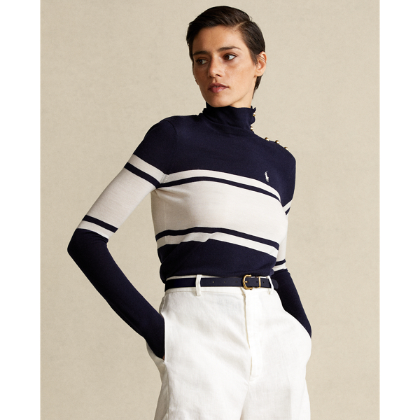 Navy/Cream Buttoned-Placket Wool Turtleneck Polo Ralph Lauren 7