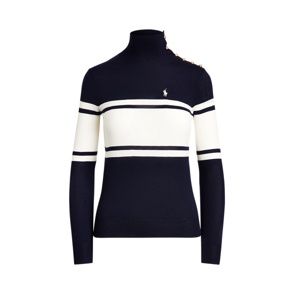 Navy/Cream Buttoned-Placket Wool Turtleneck Polo Ralph Lauren 2