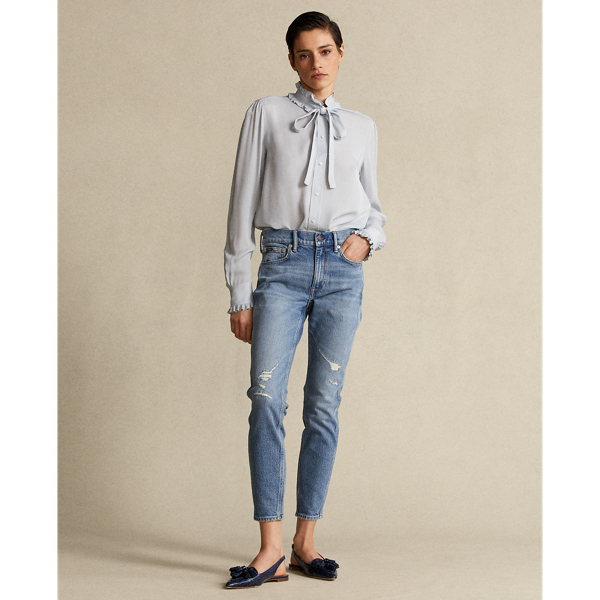 Pearl Blue Ruffle-Trim Silk Shirt Polo Ralph Lauren 4