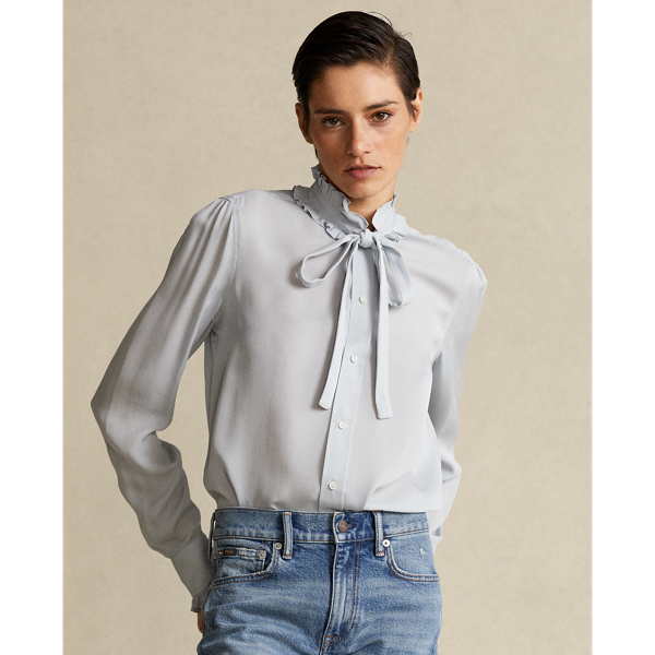 Pearl Blue Ruffle-Trim Silk Shirt Polo Ralph Lauren 5