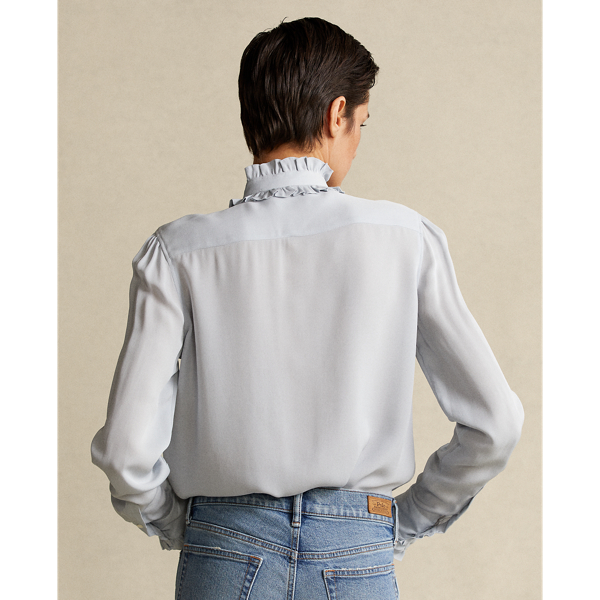 Pearl Blue Ruffle-Trim Silk Shirt Polo Ralph Lauren 6