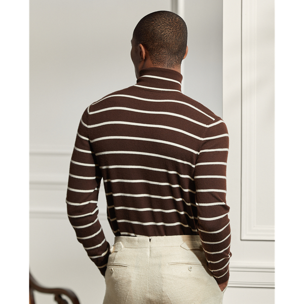 Luggage Brown/Cream Striped Cashmere Roll Neck Jumper Purple Label 4