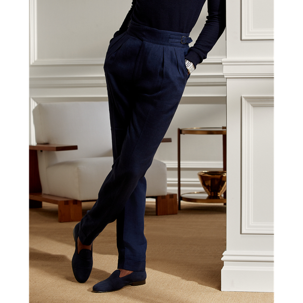 Dark Navy Buckled Linen-Silk Trouser Purple Label 4