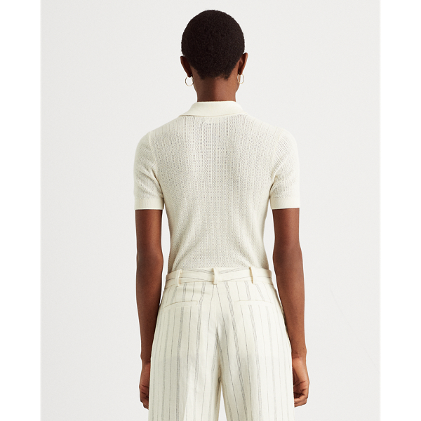 Mascarpone Cream Rib-Knit Collared Shirt Lauren 5