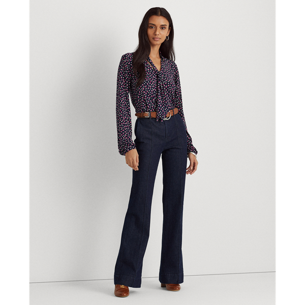 Refined Navy Multi Floral Jersey Tie-Neck Top Lauren 4