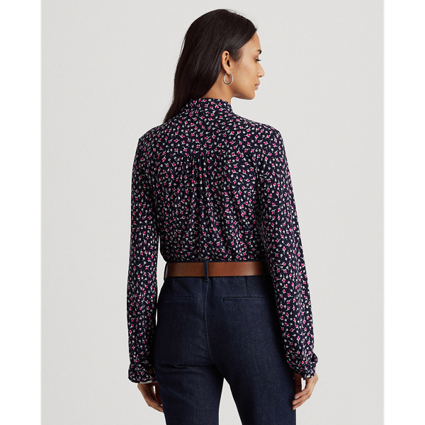 Refined Navy Multi Floral Jersey Tie-Neck Top Lauren 5