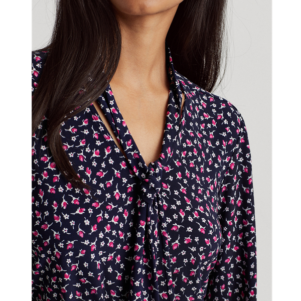 Refined Navy Multi Floral Jersey Tie-Neck Top Lauren 6