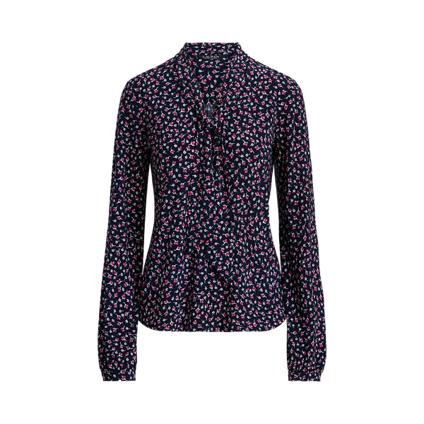 Refined Navy Multi Floral Jersey Tie-Neck Top Lauren 2