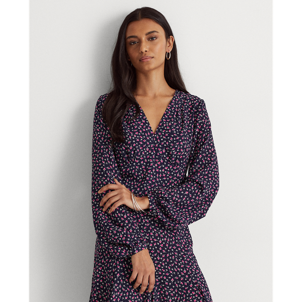 Refined Navy Multi Floral Georgette Long-Sleeve Dress Lauren 4