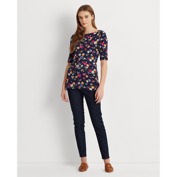 Refined Navy Multi Floral Cotton-Blend Boatneck Top Lauren 4