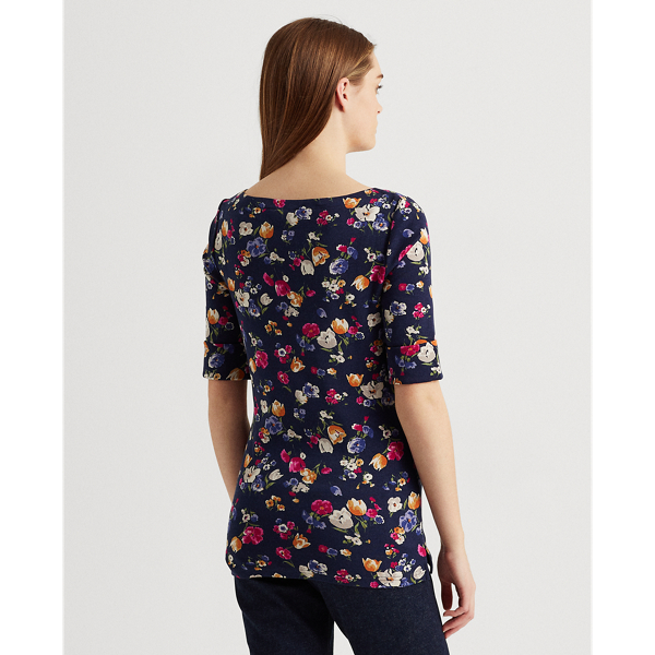 Refined Navy Multi Floral Cotton-Blend Boatneck Top Lauren 5