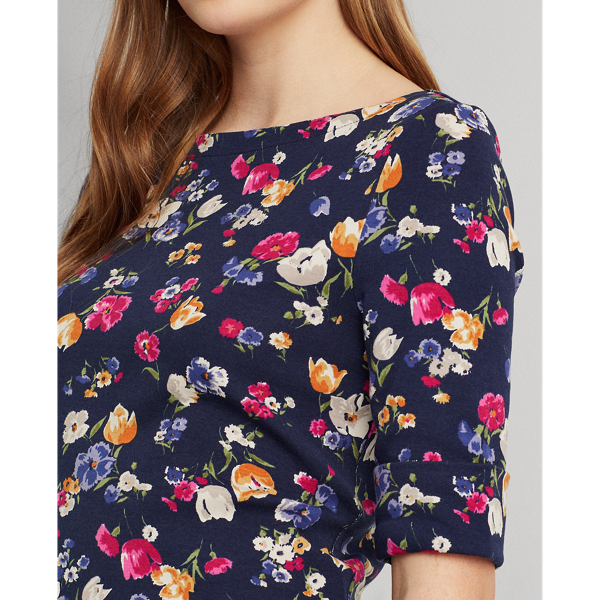 Refined Navy Multi Floral Cotton-Blend Boatneck Top Lauren 6